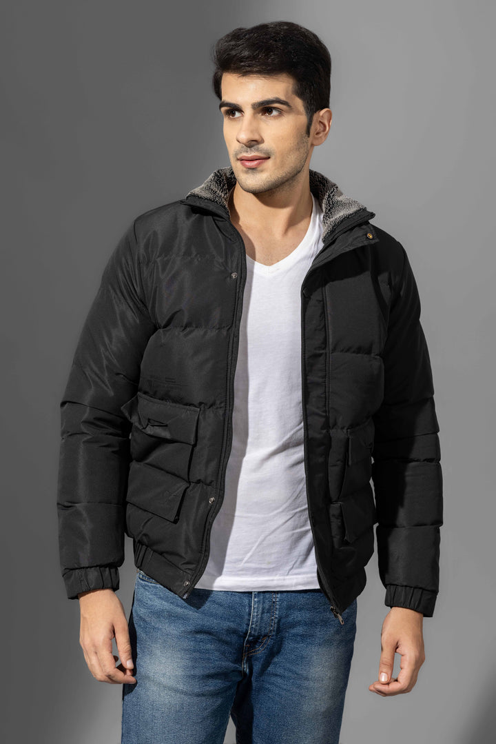 Black Winter Puffer Jacket with Fur