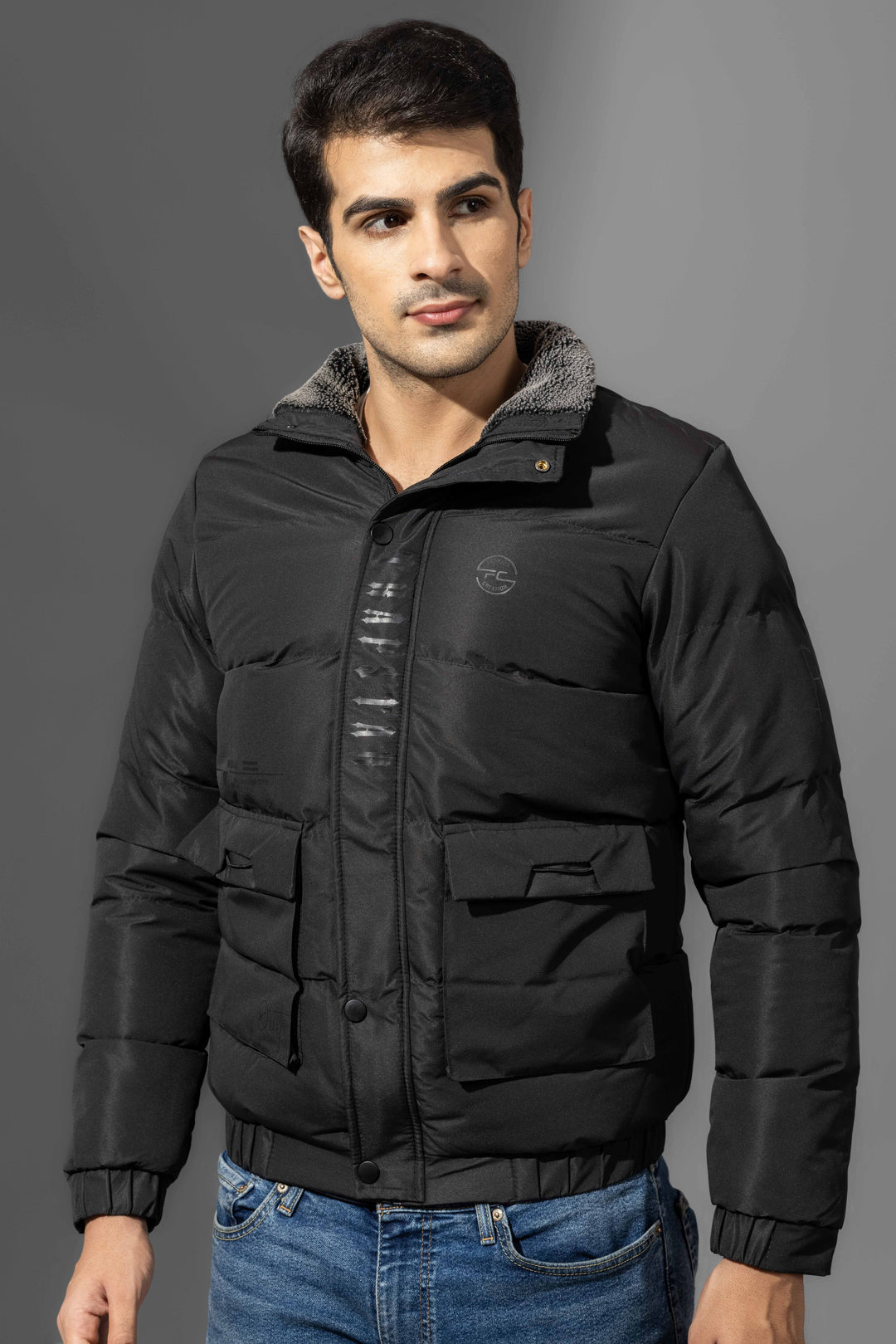 Black Winter Puffer Jacket with Fur