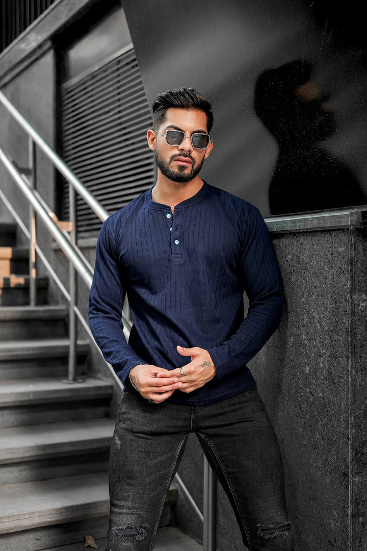 Navy Blue Self Design Henley T-Shirt
