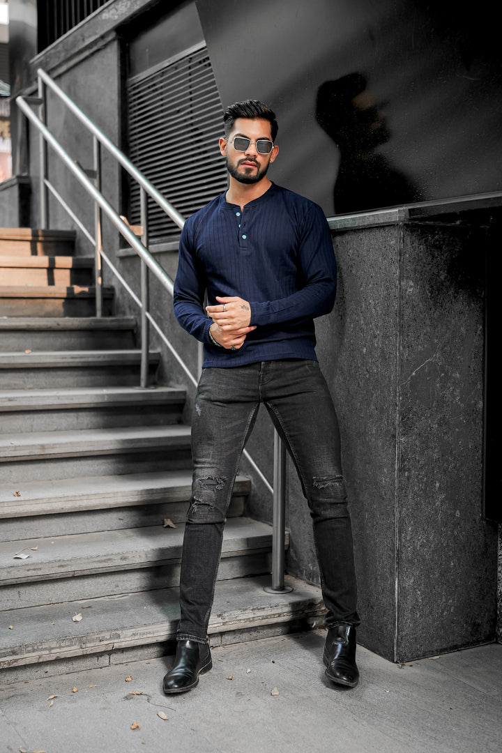 Navy Blue Self Design Henley T-Shirt