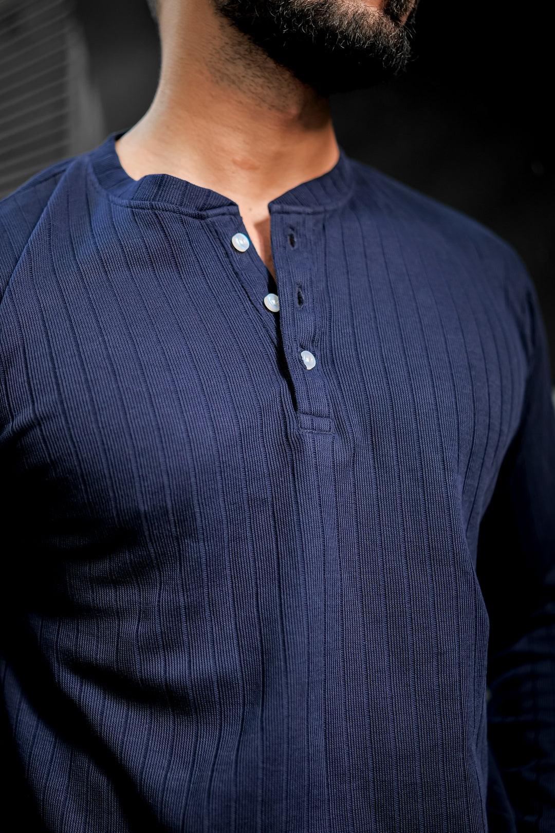 Navy Blue Self Design Henley T-Shirt