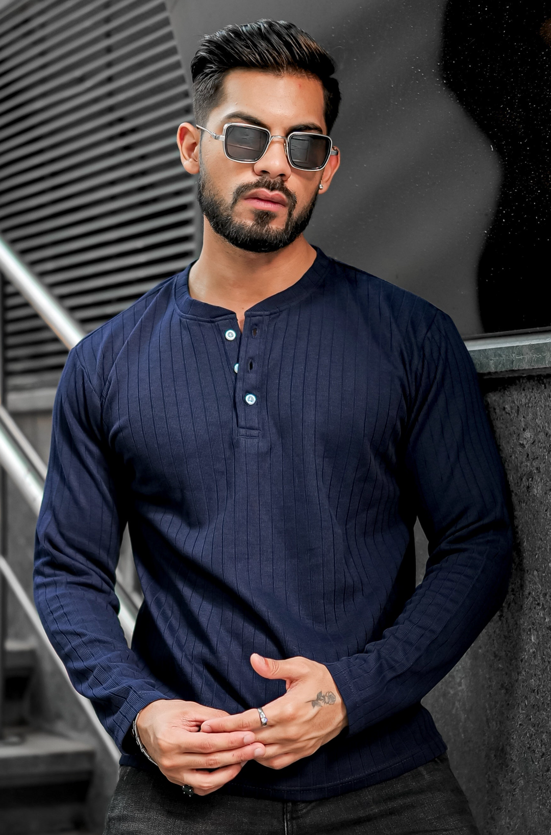 Navy Blue Self Design Henley T-Shirt