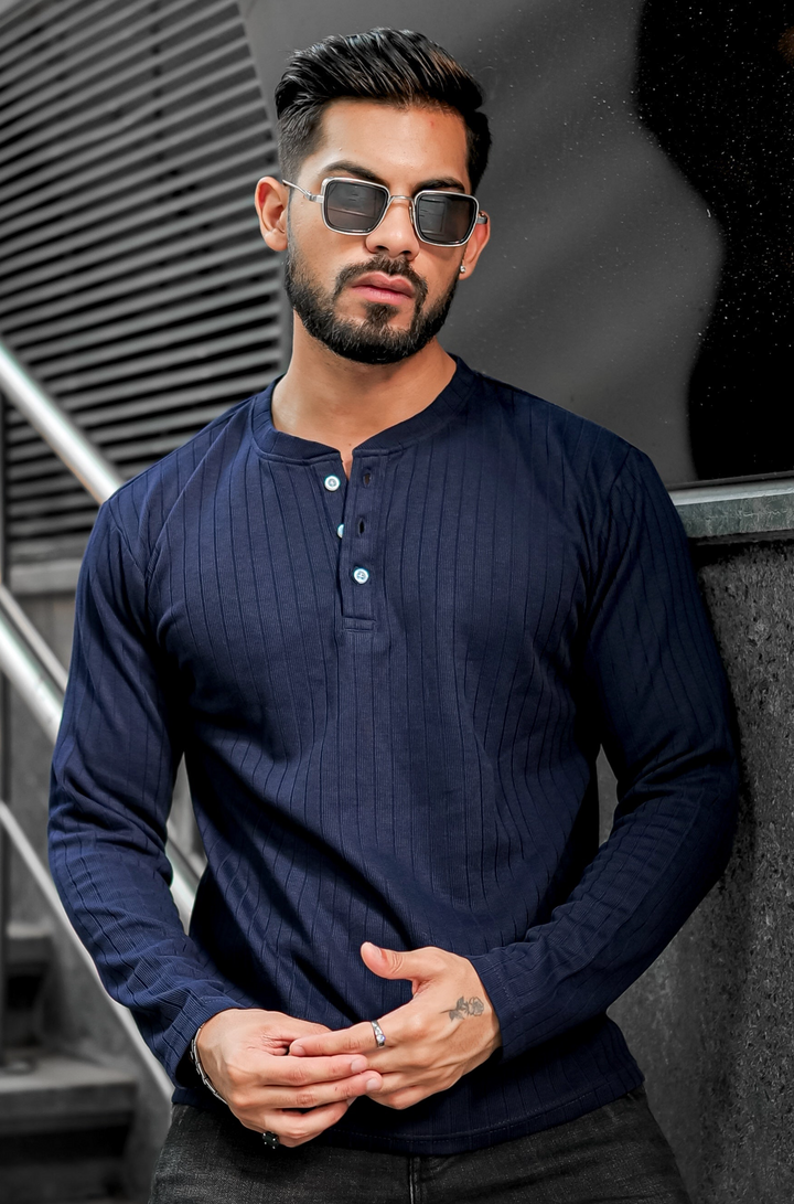 Navy Blue Self Design Henley T-Shirt