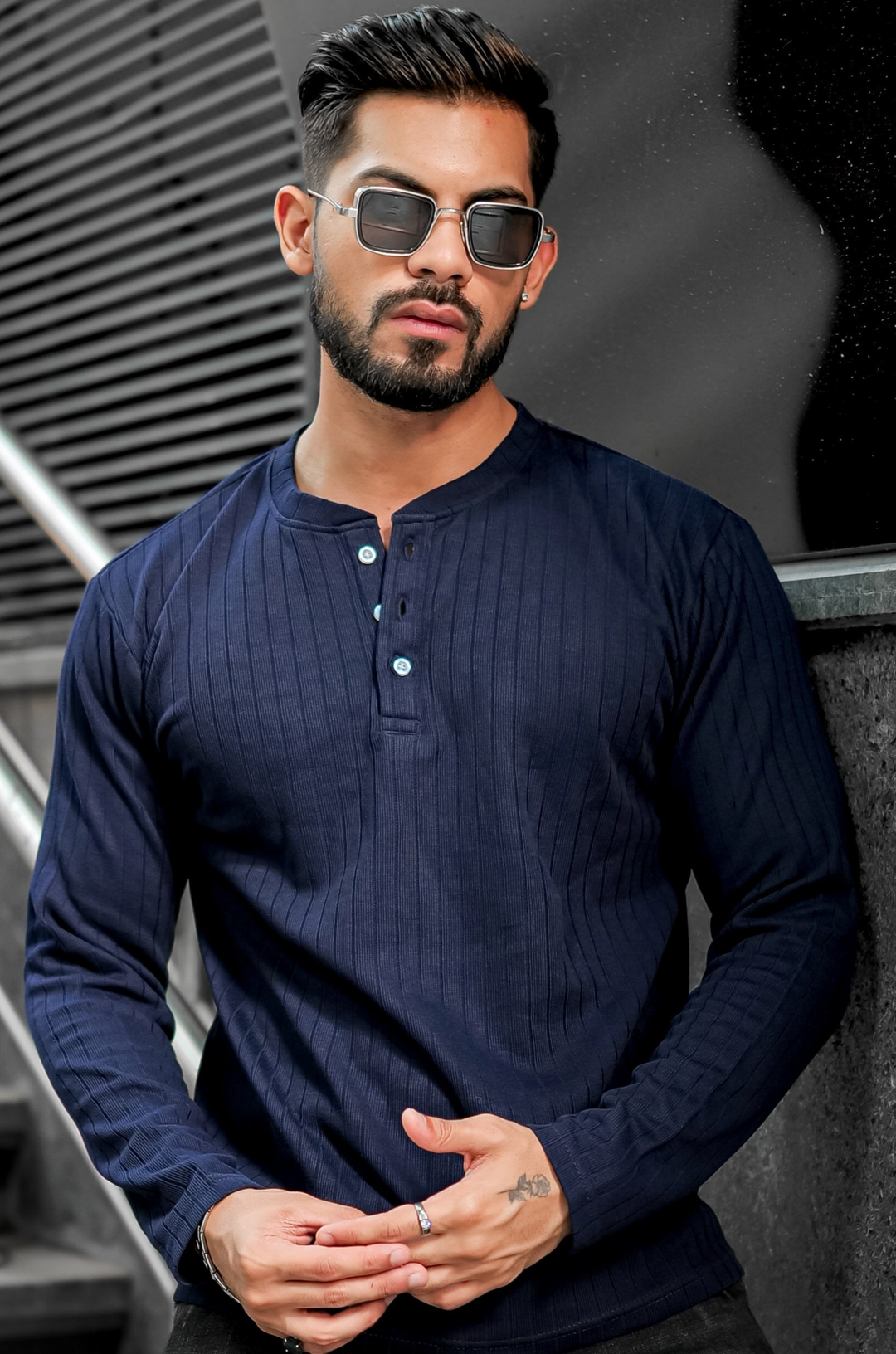Navy Blue Self Design Henley T-Shirt