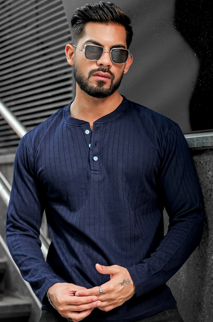 Navy Blue Self Design Henley T-Shirt