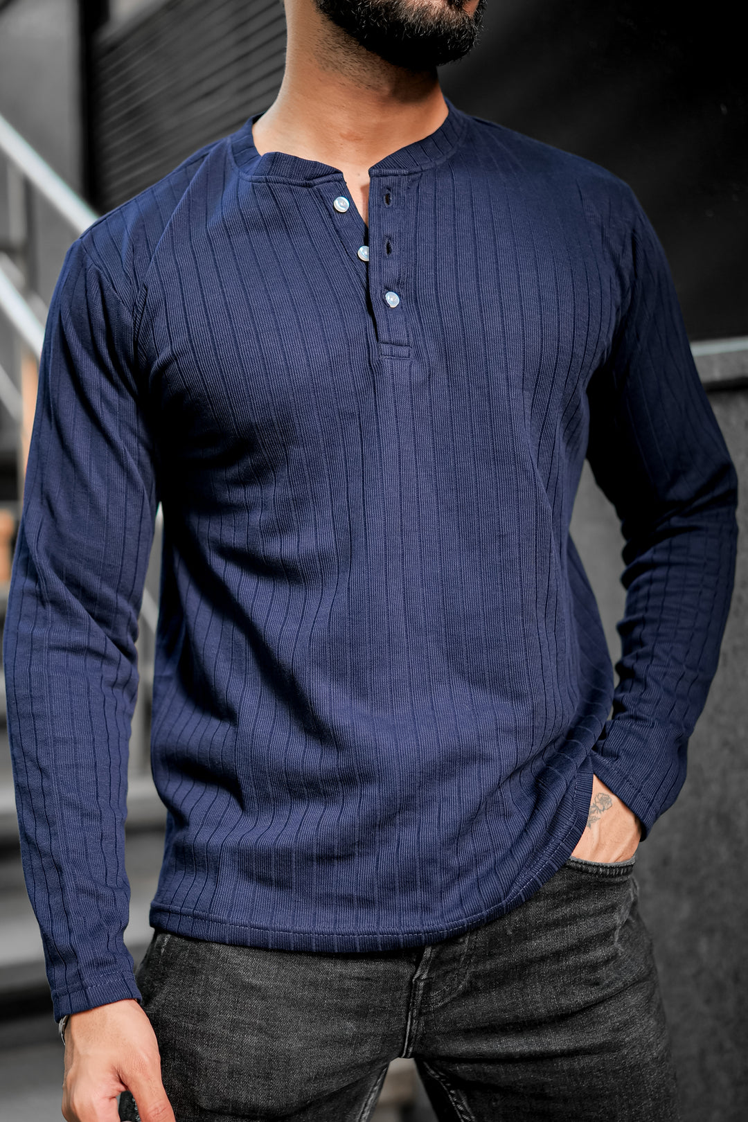 Navy Blue Self Design Henley T-Shirt