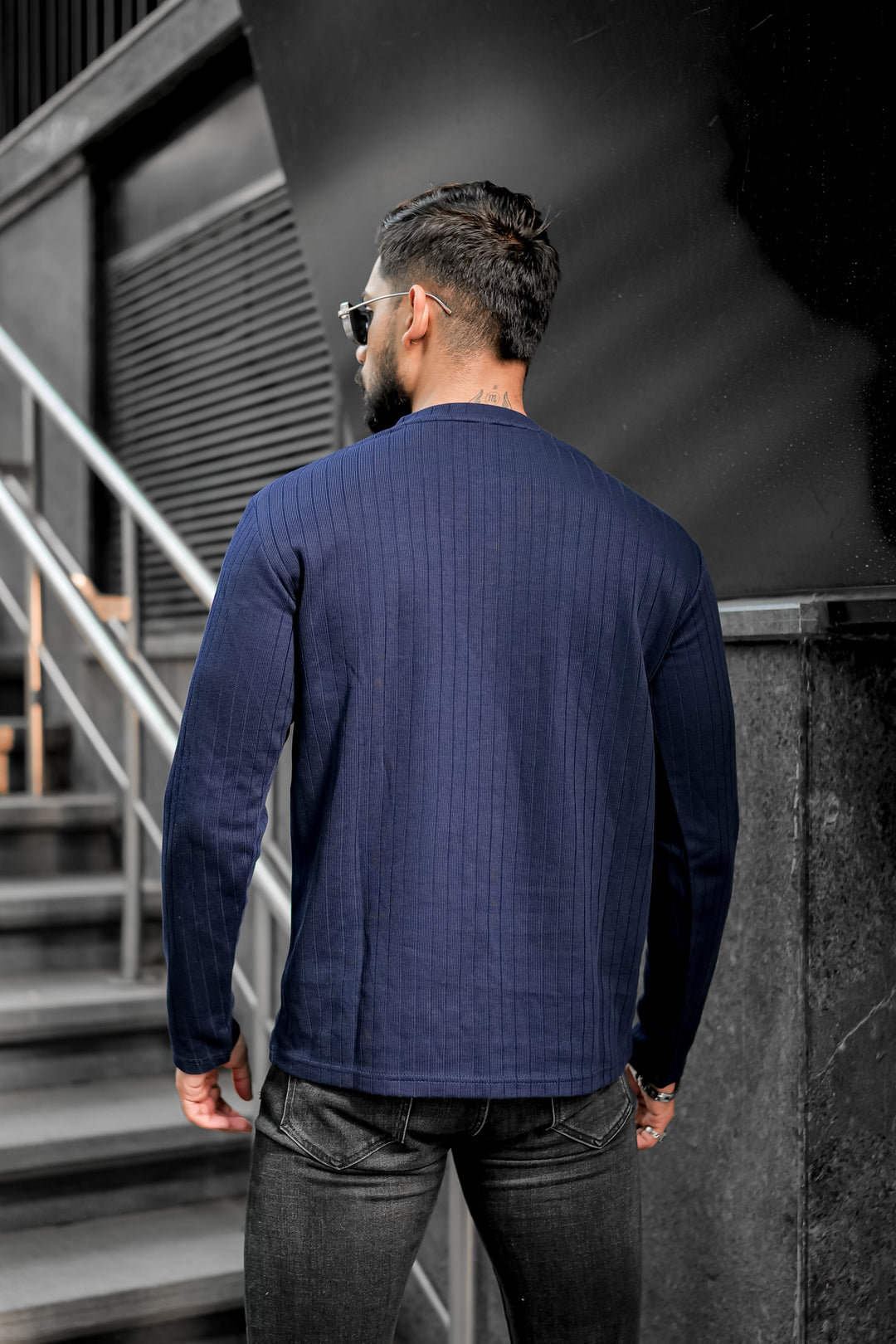 Navy Blue Self Design Henley T-Shirt