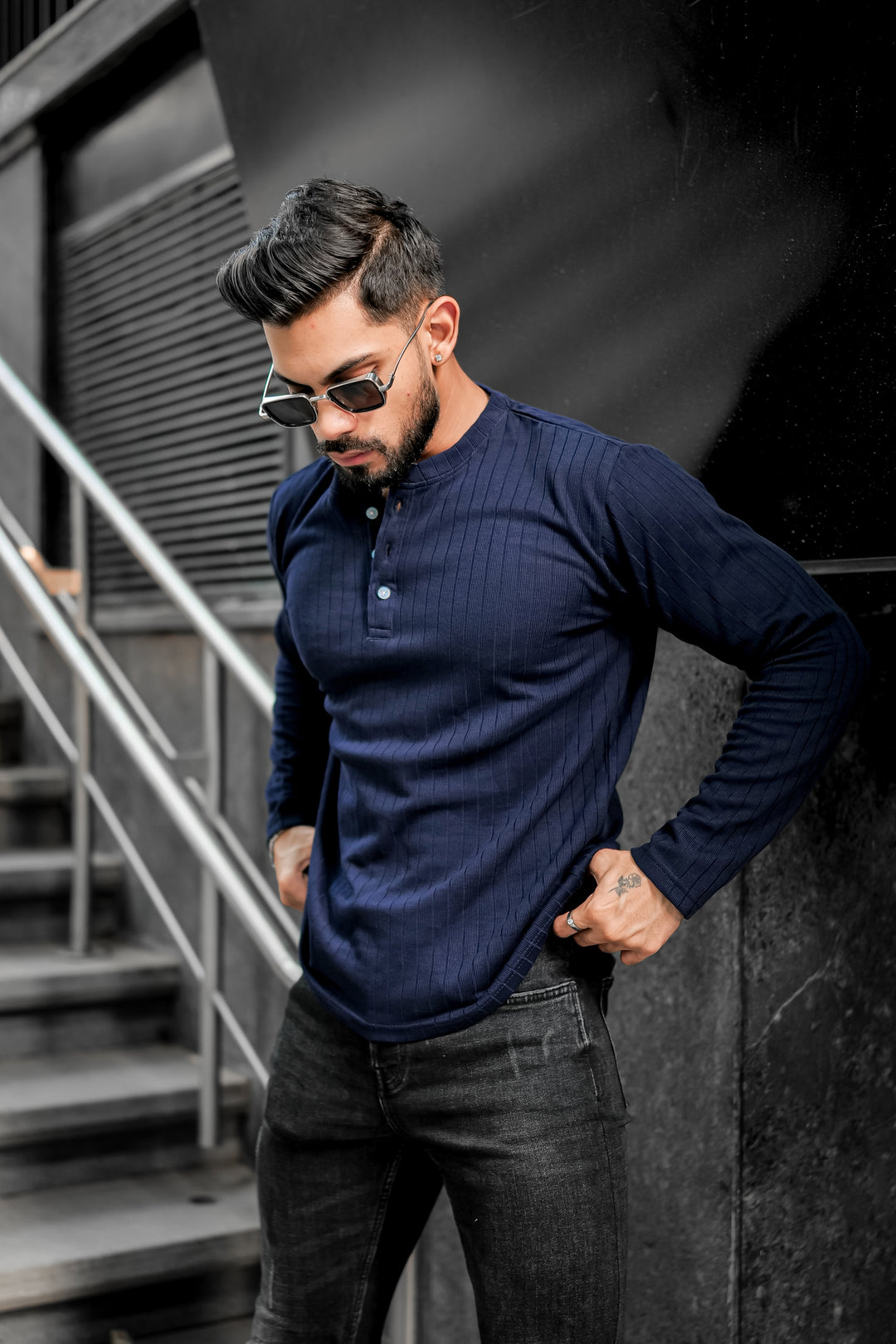 Navy Blue Self Design Henley T-Shirt