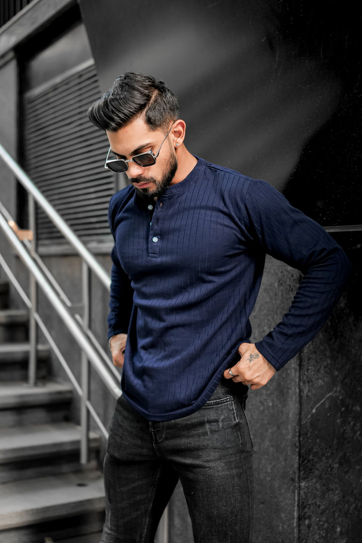Navy Blue Self Design Henley T-Shirt