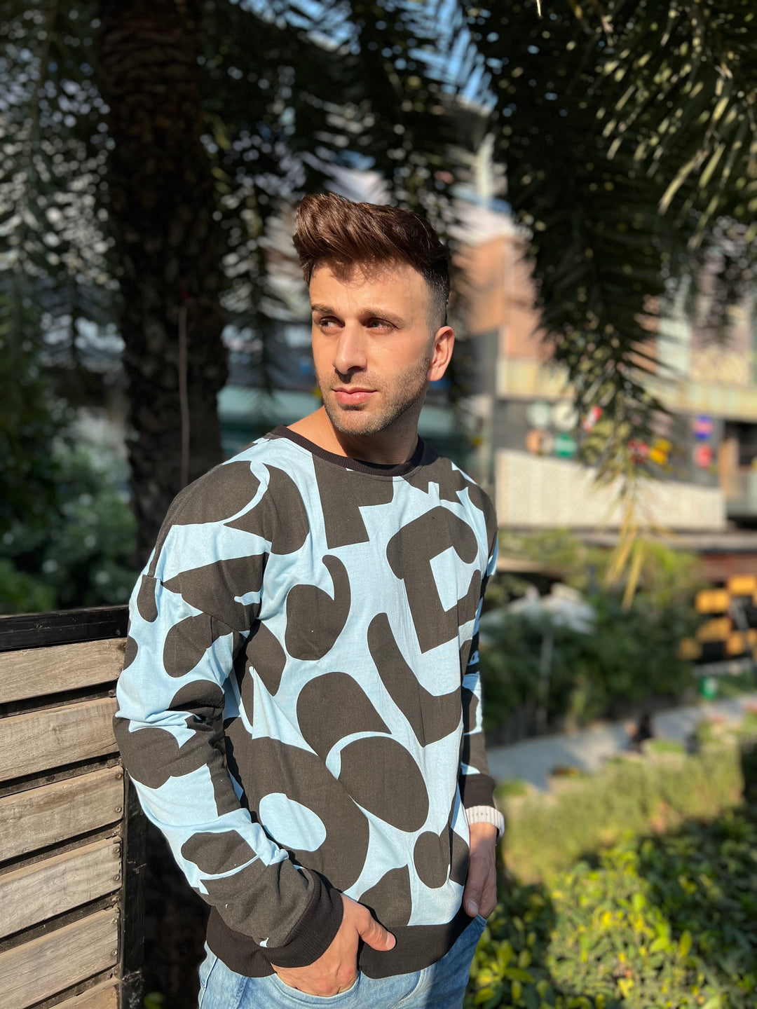 Oversized Drop Shoulder Full Sleeve Black Sky Blue  T-Shirt