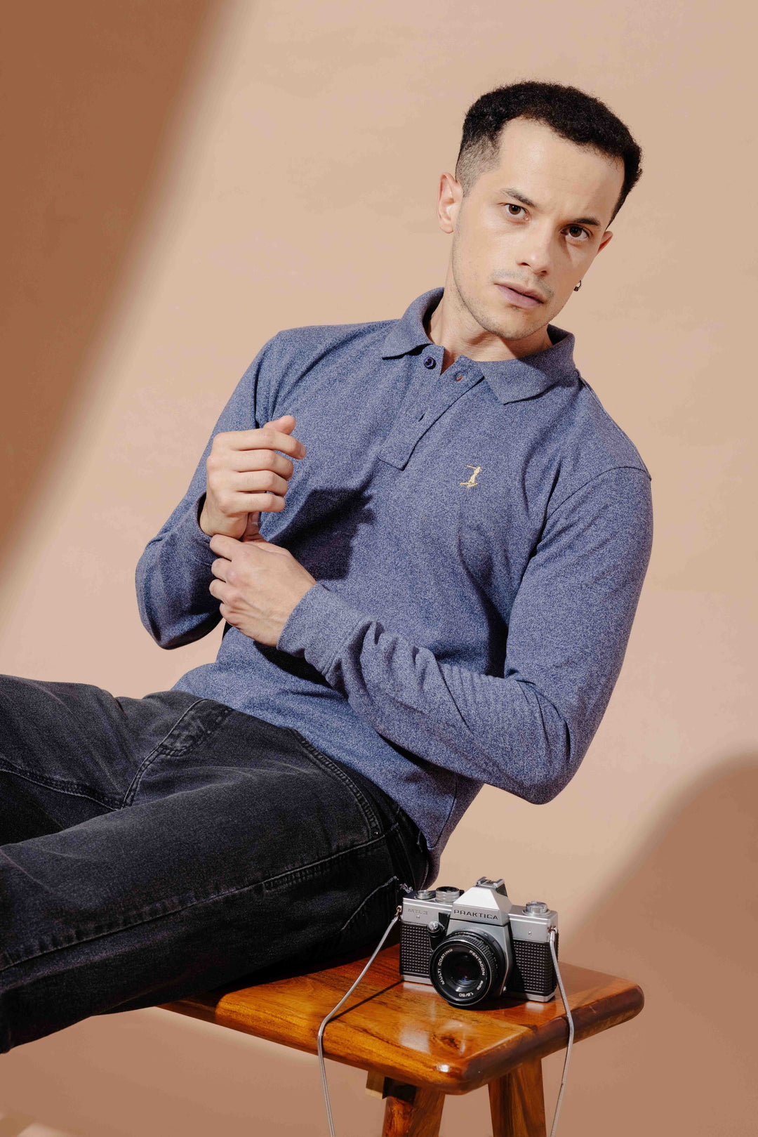 Blue Self Design Embroidery Polo T-Shirt