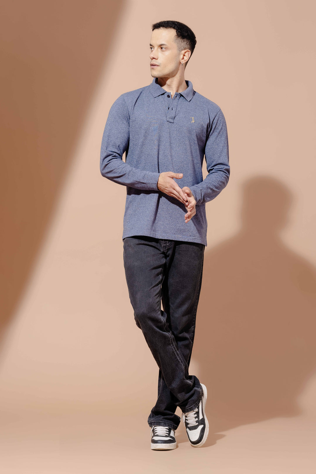 Blue Self Design Embroidery Polo T-Shirt