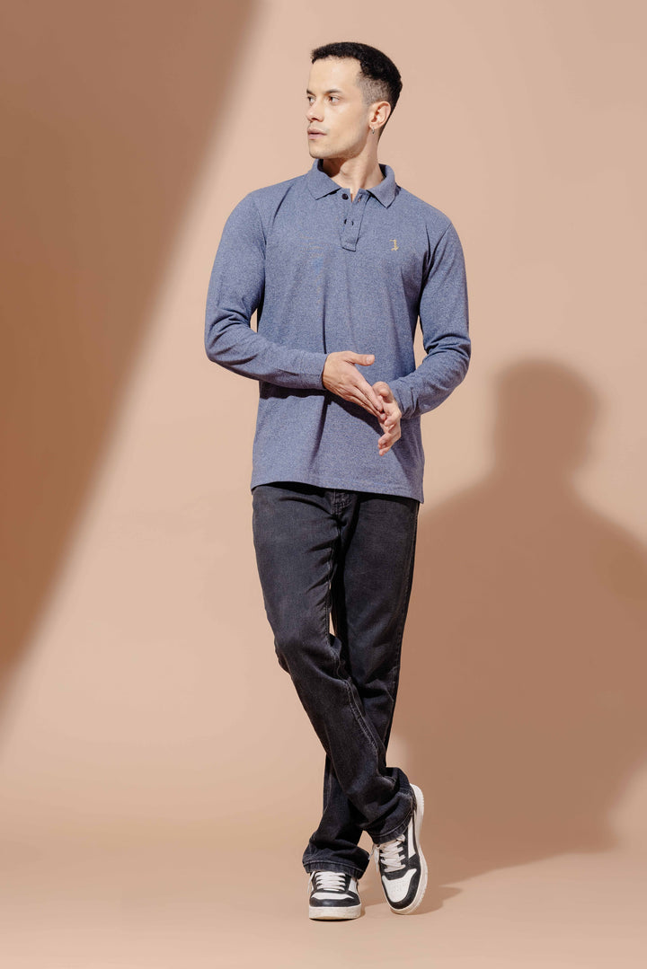 Blue Self Design Embroidery Polo T-Shirt