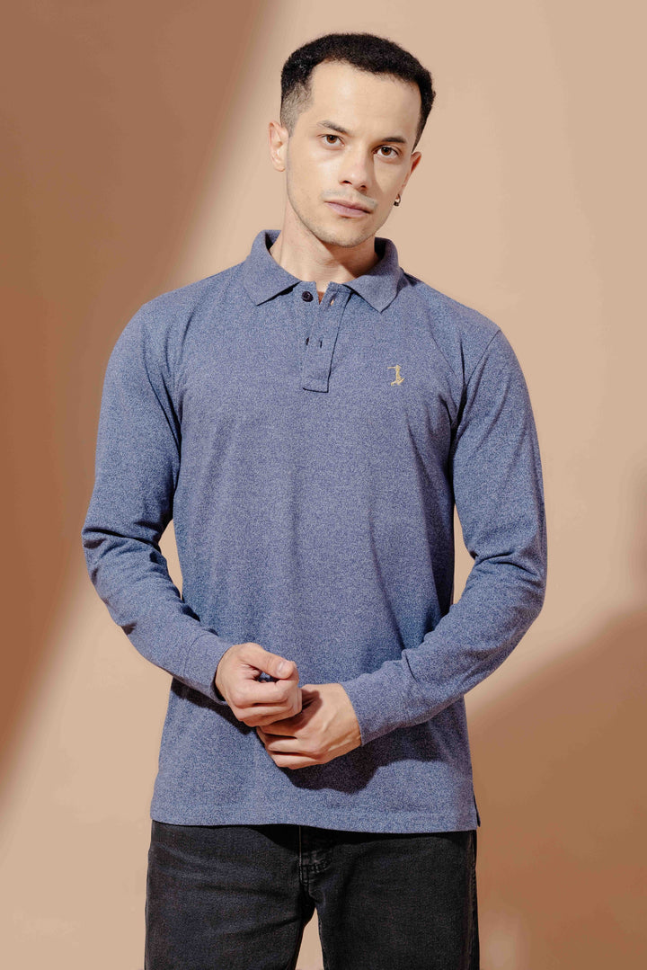 Blue Self Design Embroidery Polo T-Shirt