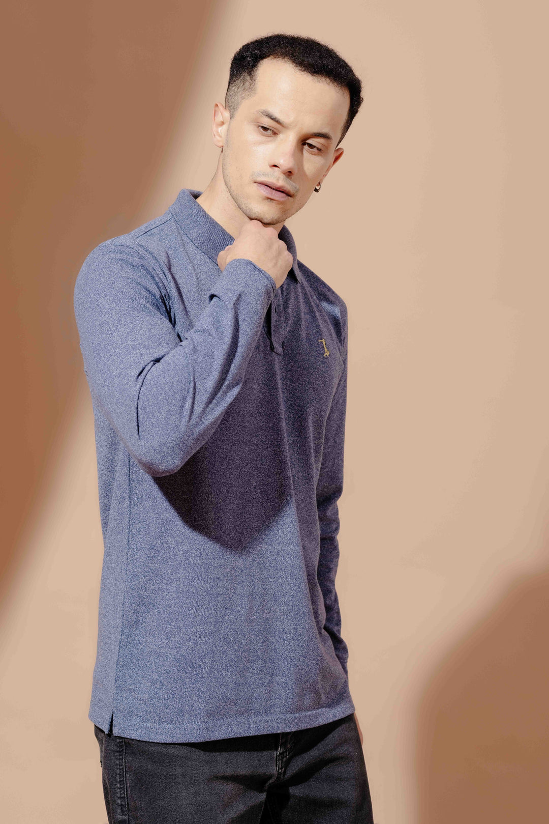 Blue Self Design Embroidery Polo T-Shirt
