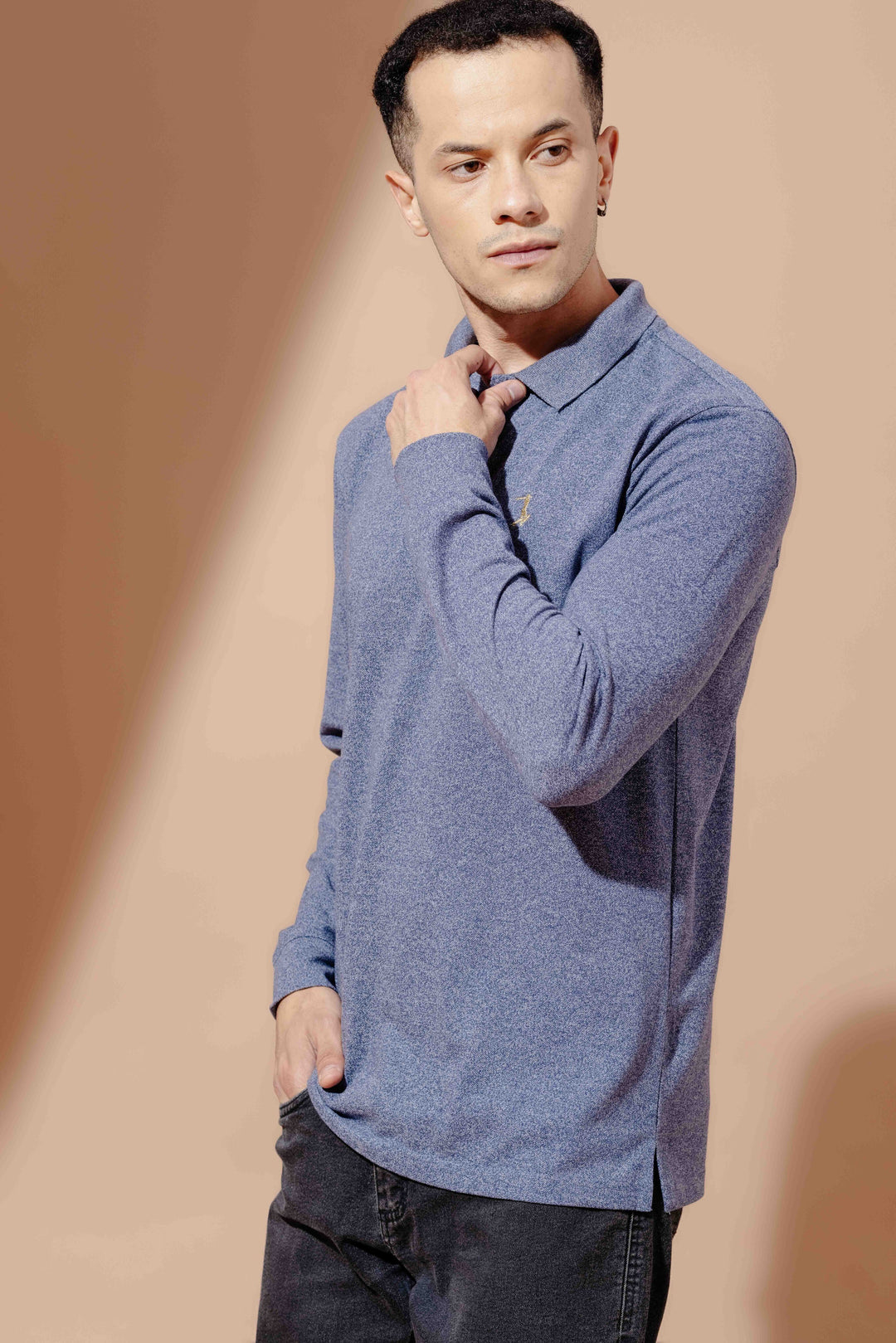 Blue Self Design Embroidery Polo T-Shirt