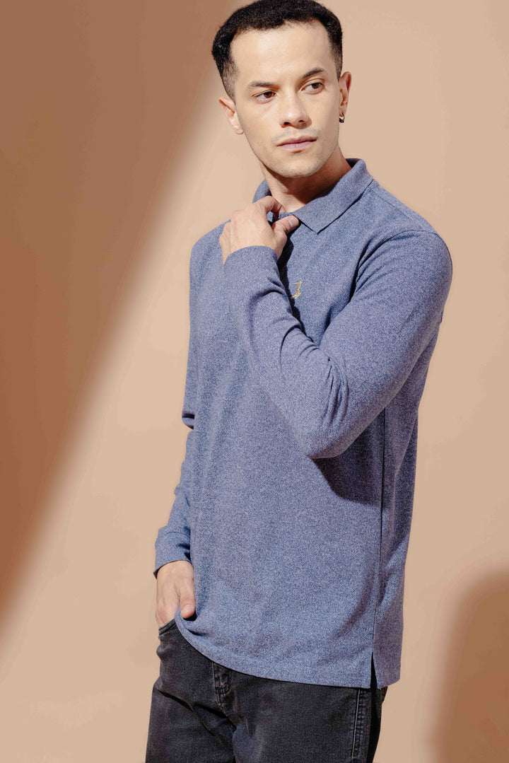 Blue Self Design Embroidery Polo T-Shirt