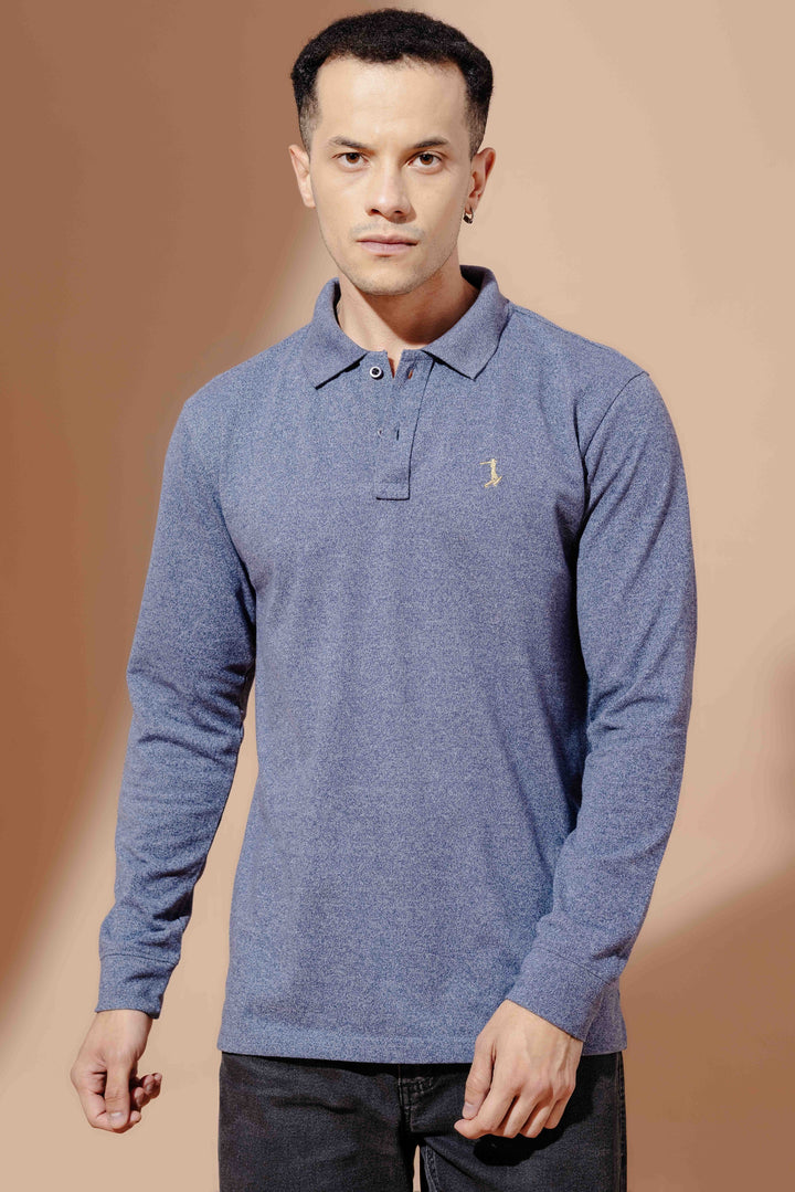 Blue Self Design Embroidery Polo T-Shirt