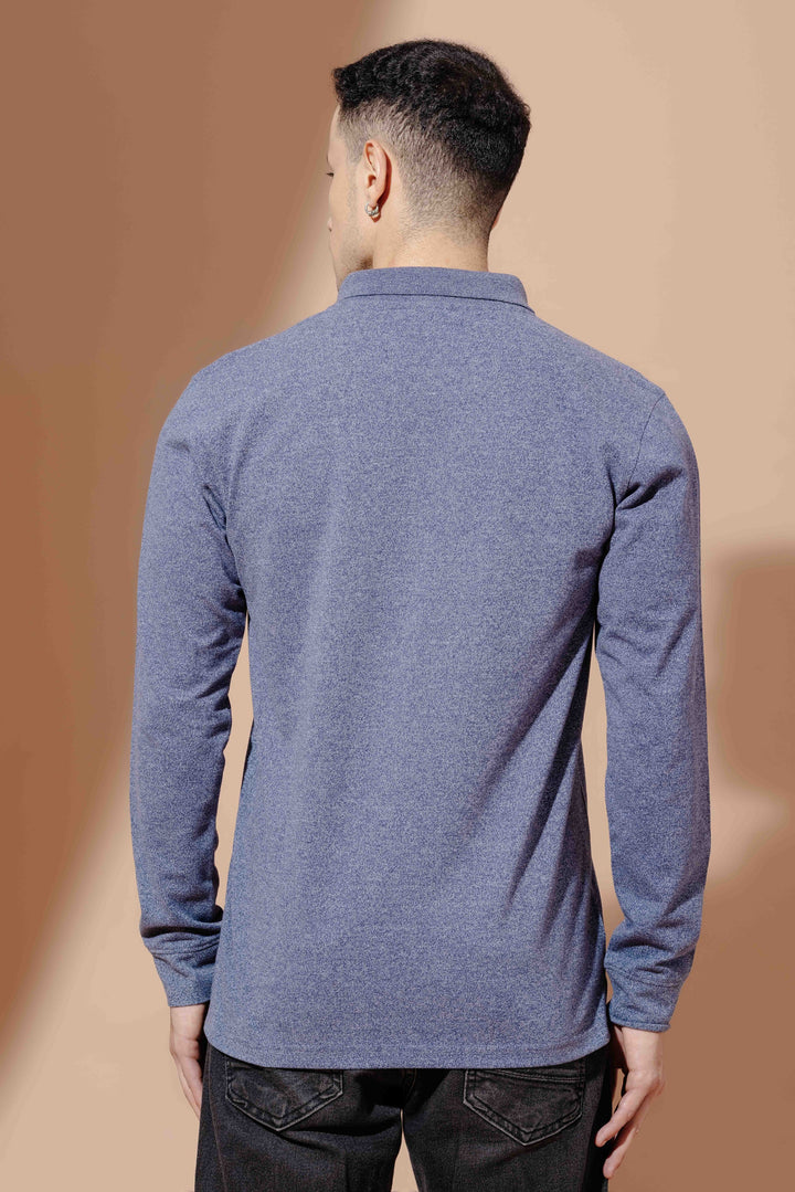 Blue Self Design Embroidery Polo T-Shirt