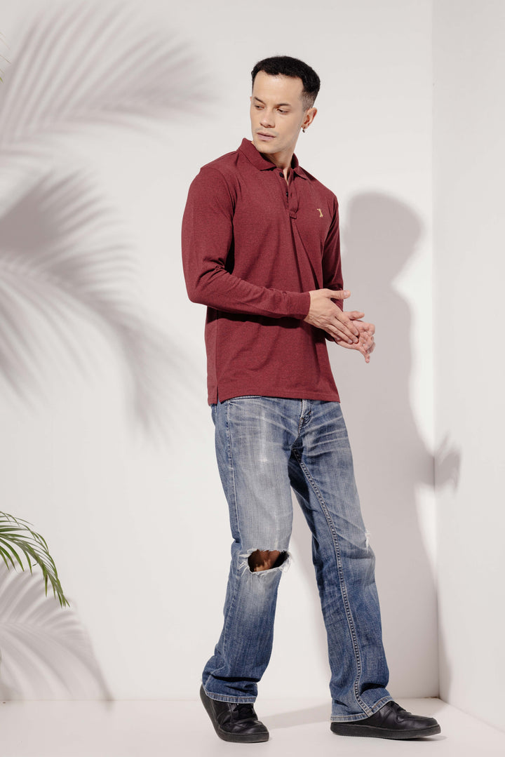 Maroon Self Design Embroidery Polo T-Shirt