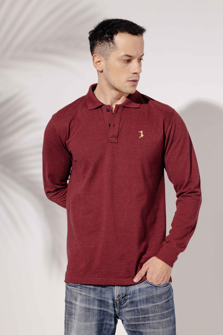 Maroon Self Design Embroidery Polo T-Shirt