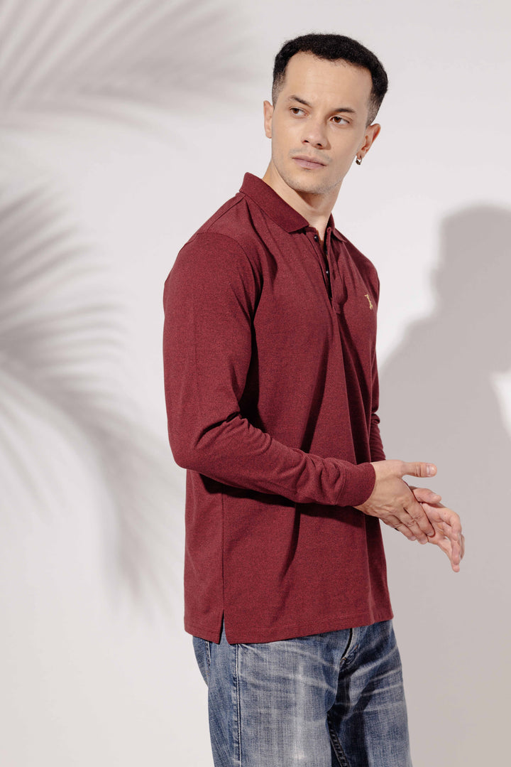Maroon Self Design Embroidery Polo T-Shirt
