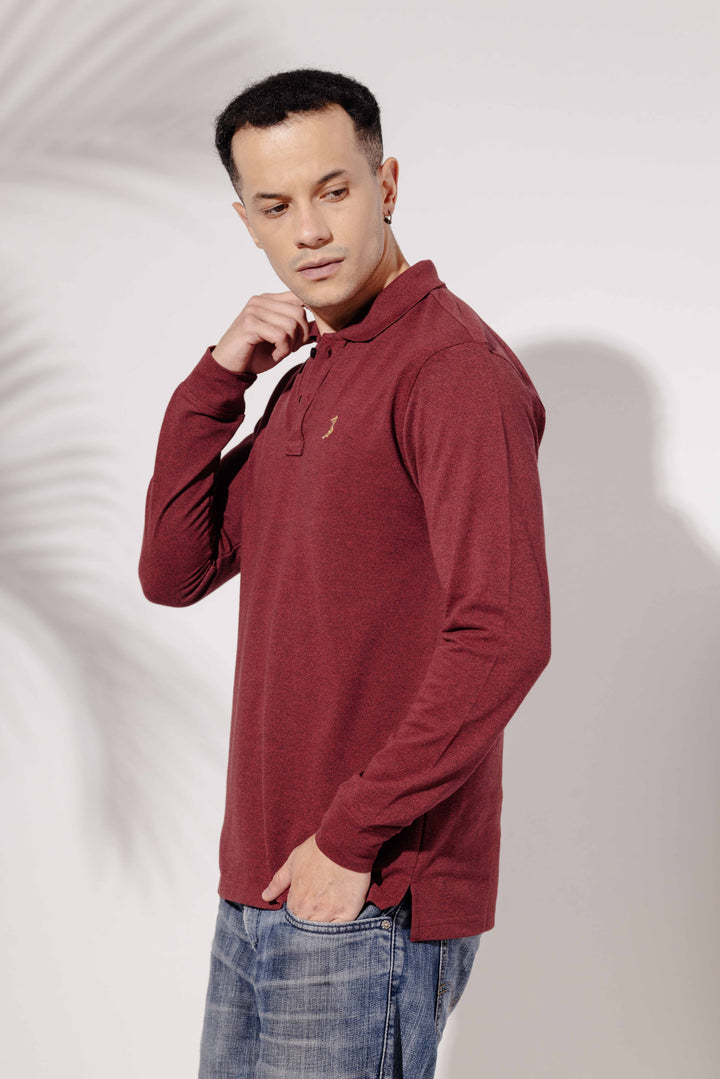 Maroon Self Design Embroidery Polo T-Shirt