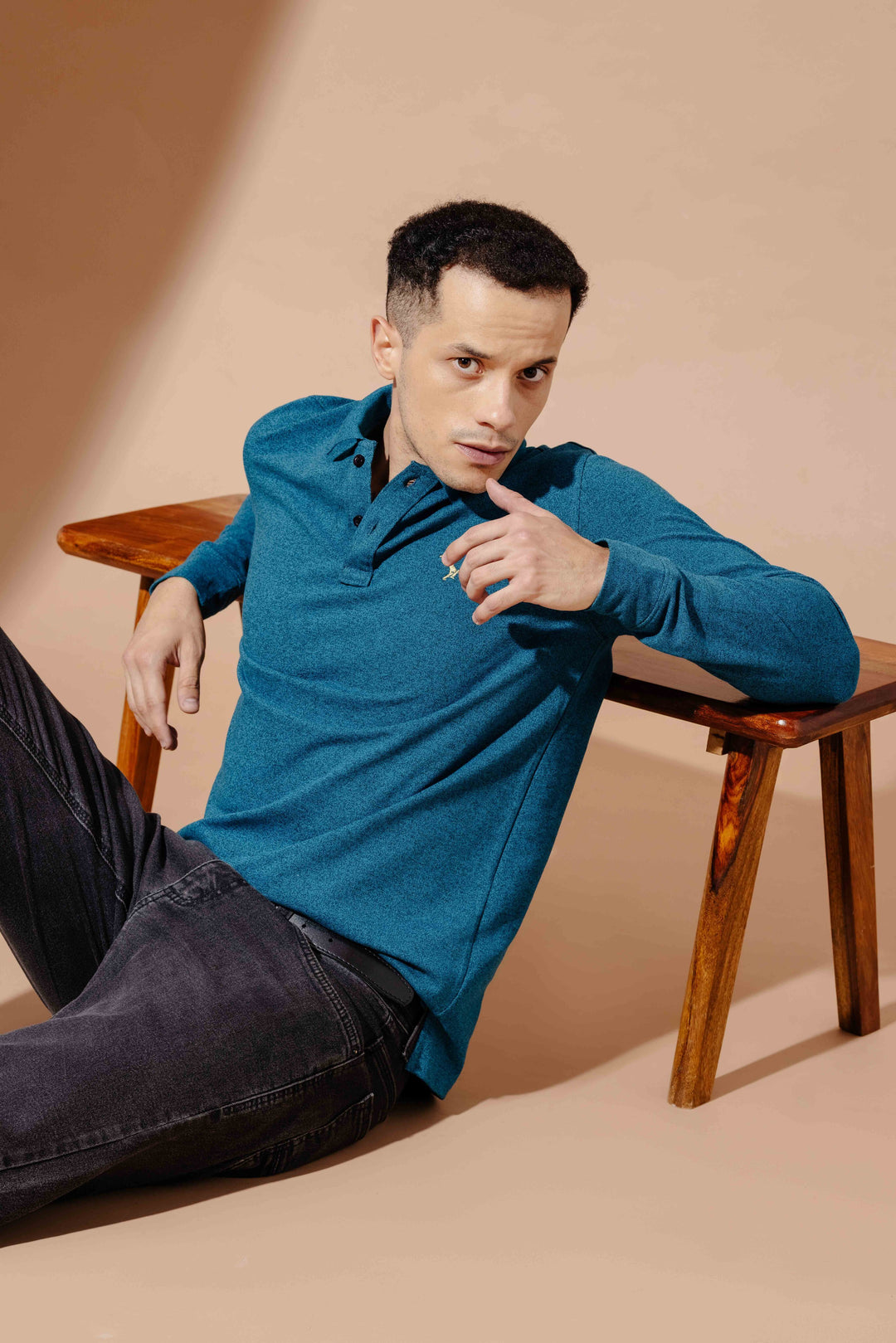 Turquoise Self Design Embroidery Polo T-Shirt