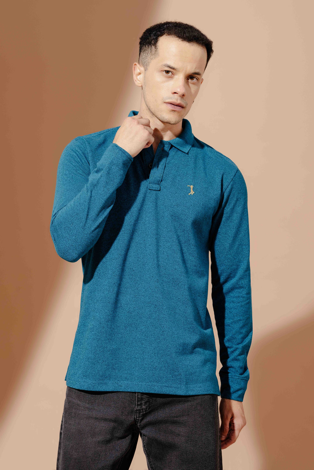Turquoise Self Design Embroidery Polo T-Shirt