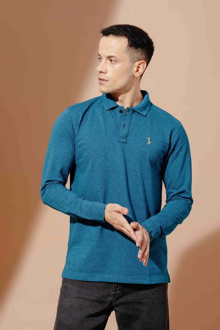 Turquoise Self Design Embroidery Polo T-Shirt