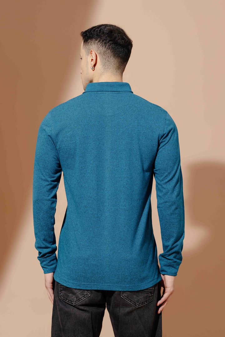Turquoise Self Design Embroidery Polo T-Shirt