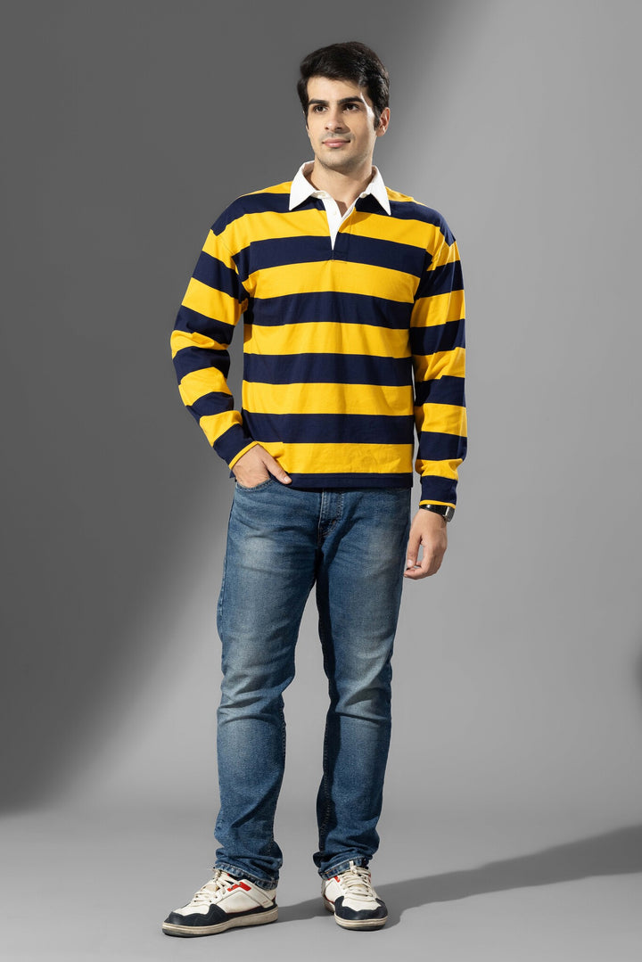 Yellow Navy Full Sleeve ColorBlock Polo T-Shirt
