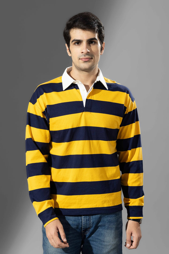 Yellow Navy Full Sleeve ColorBlock Polo T-Shirt