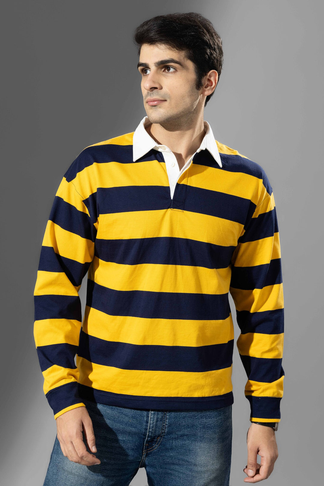 Yellow Navy Full Sleeve ColorBlock Polo T-Shirt