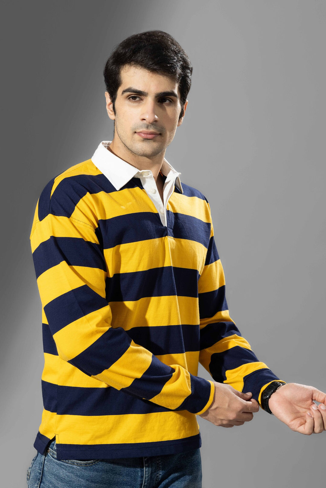 Yellow Navy Full Sleeve ColorBlock Polo T-Shirt