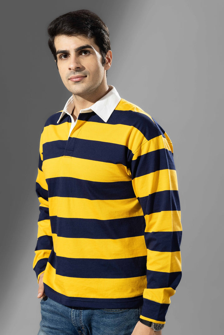 Yellow Navy Full Sleeve ColorBlock Polo T-Shirt