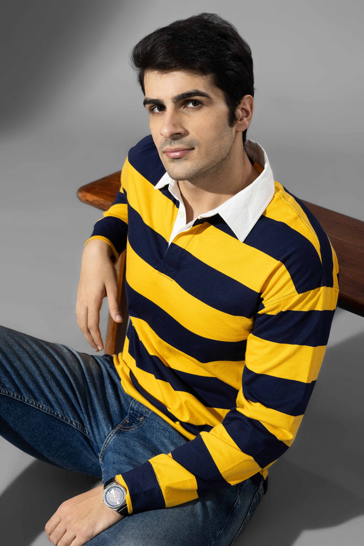 Yellow Navy Full Sleeve ColorBlock Polo T-Shirt