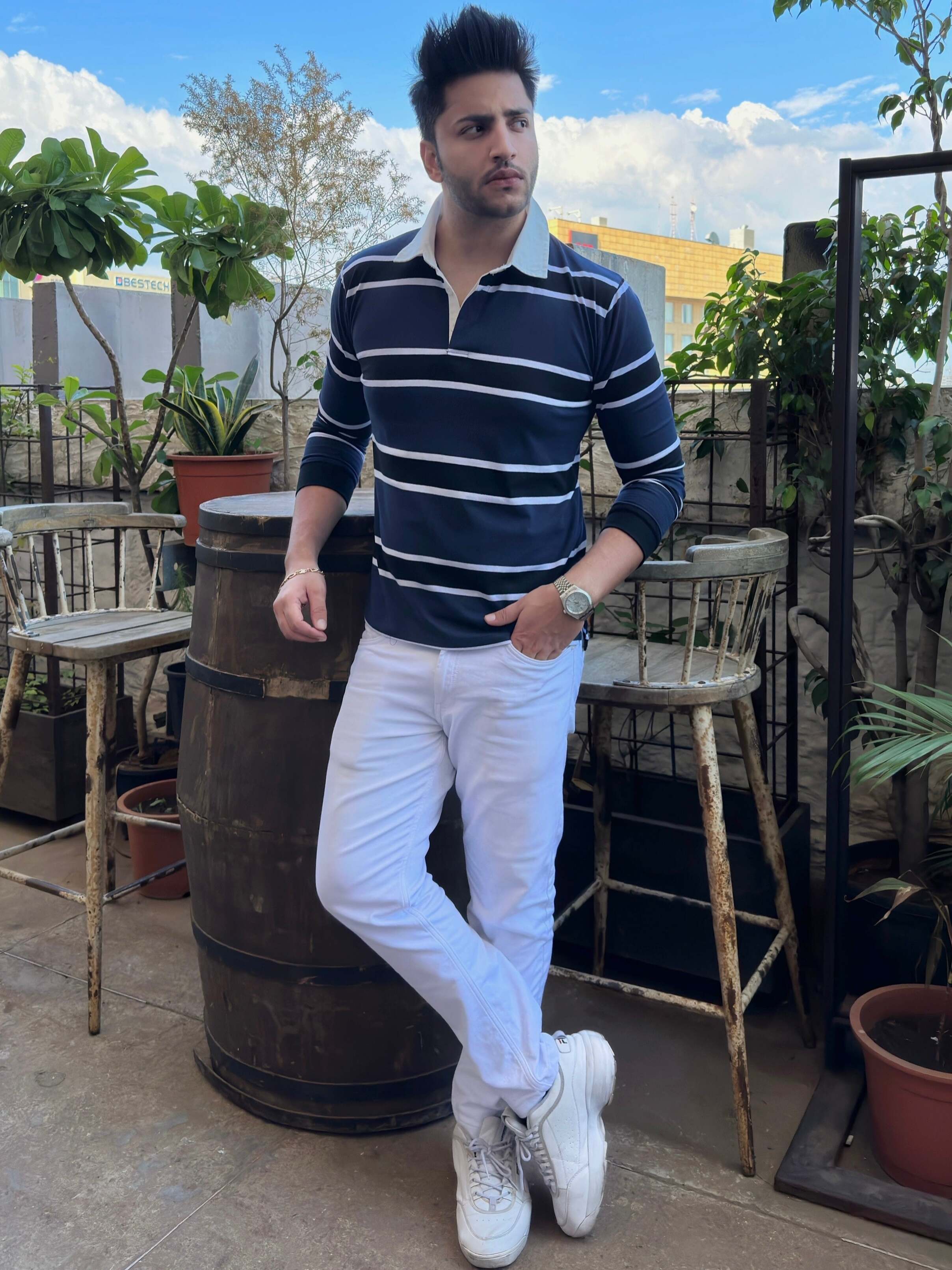 Stripe Full Sleeve Rayon Navy Polo T-Shirt