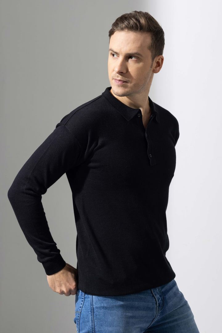 Black Premium Flat Knit Polo T-Shirt