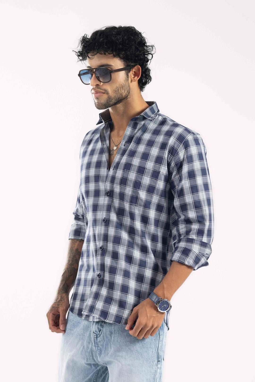 Navy Blue Checked Full Sleeve Casual Shirt