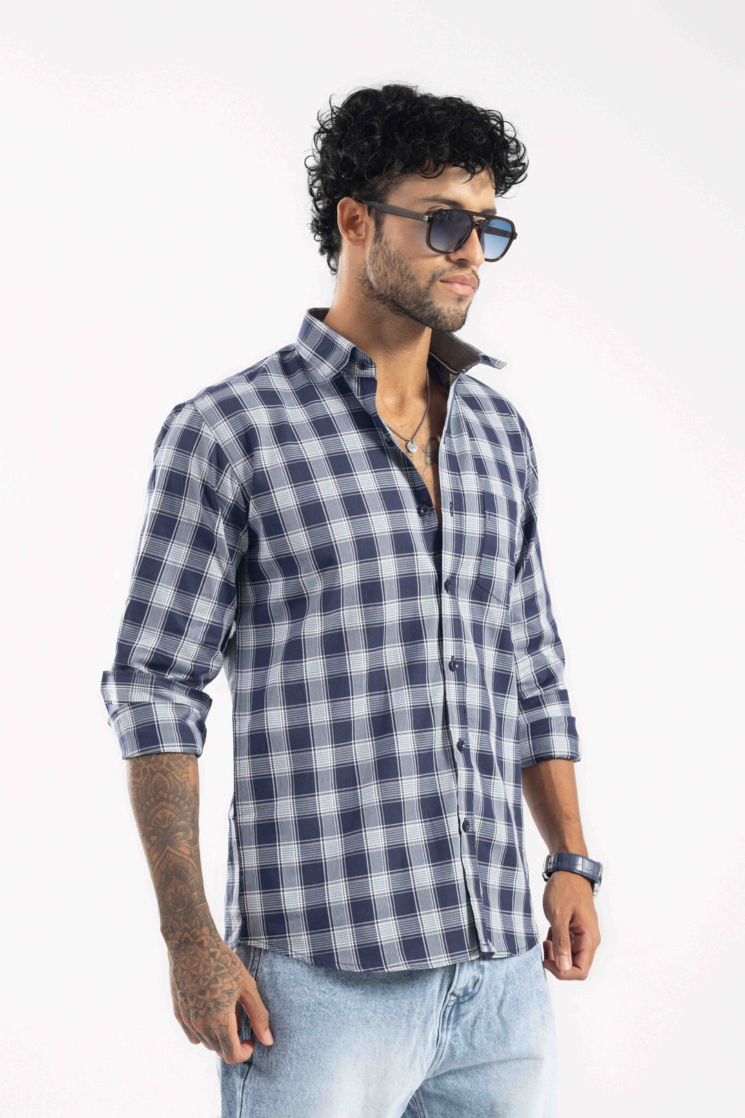 Navy Blue Checked Full Sleeve Casual Shirt