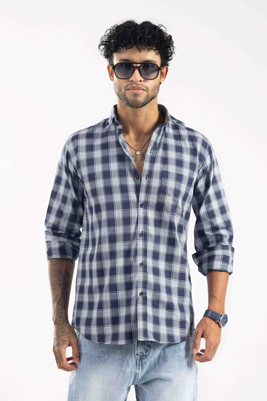 Navy Blue Checked Full Sleeve Casual Shirt