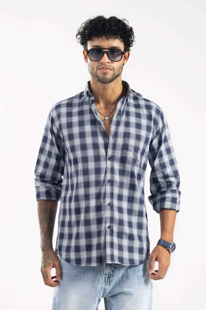 Navy Blue Checked Full Sleeve Casual Shirt
