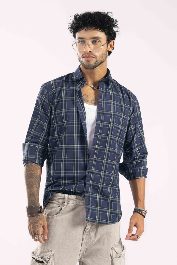 Navy-Color Plaid Checked Casual Shirt