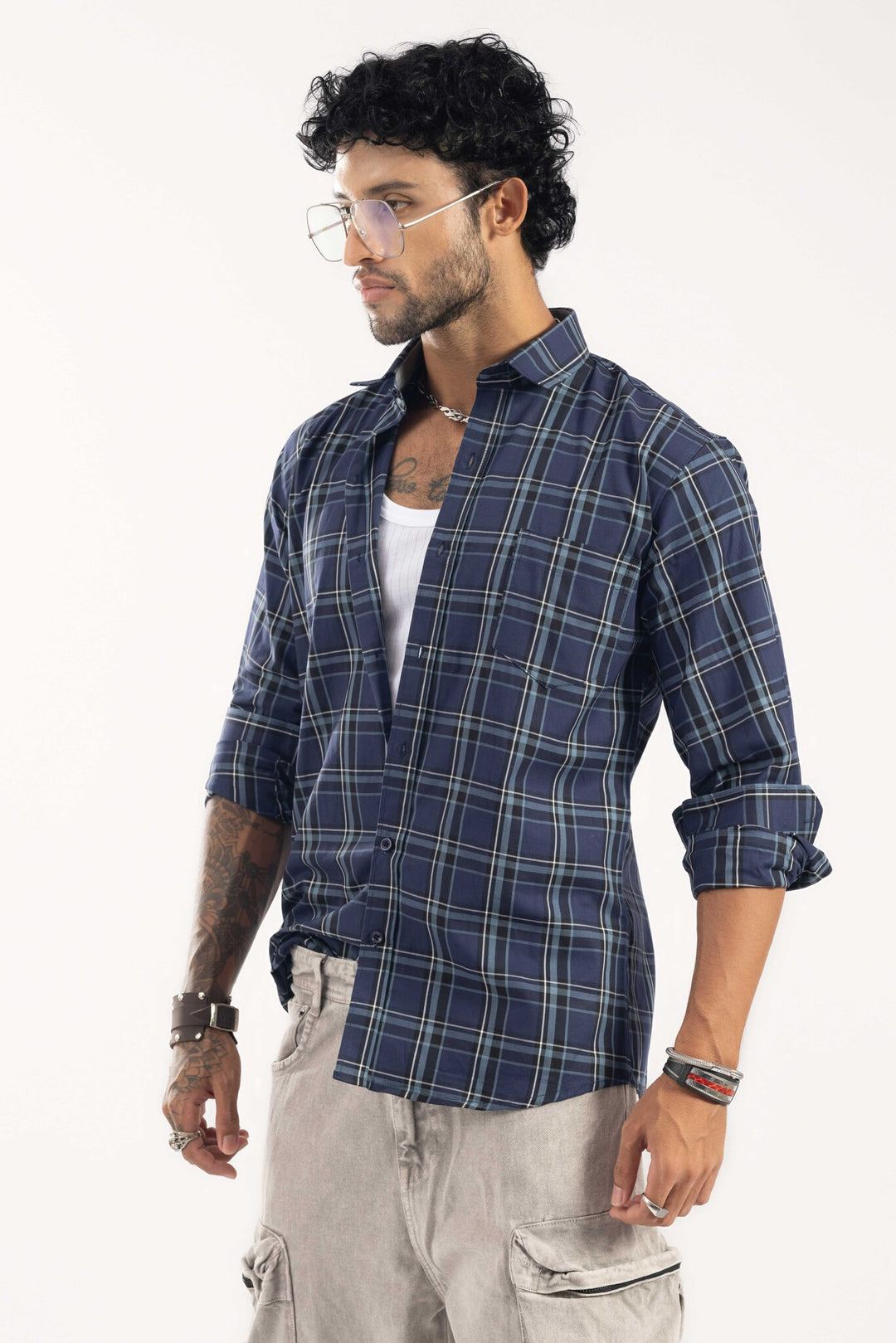 Navy-Color Plaid Checked Casual Shirt