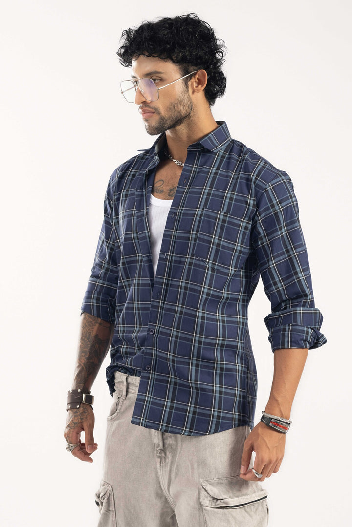 Navy-Color Plaid Checked Casual Shirt