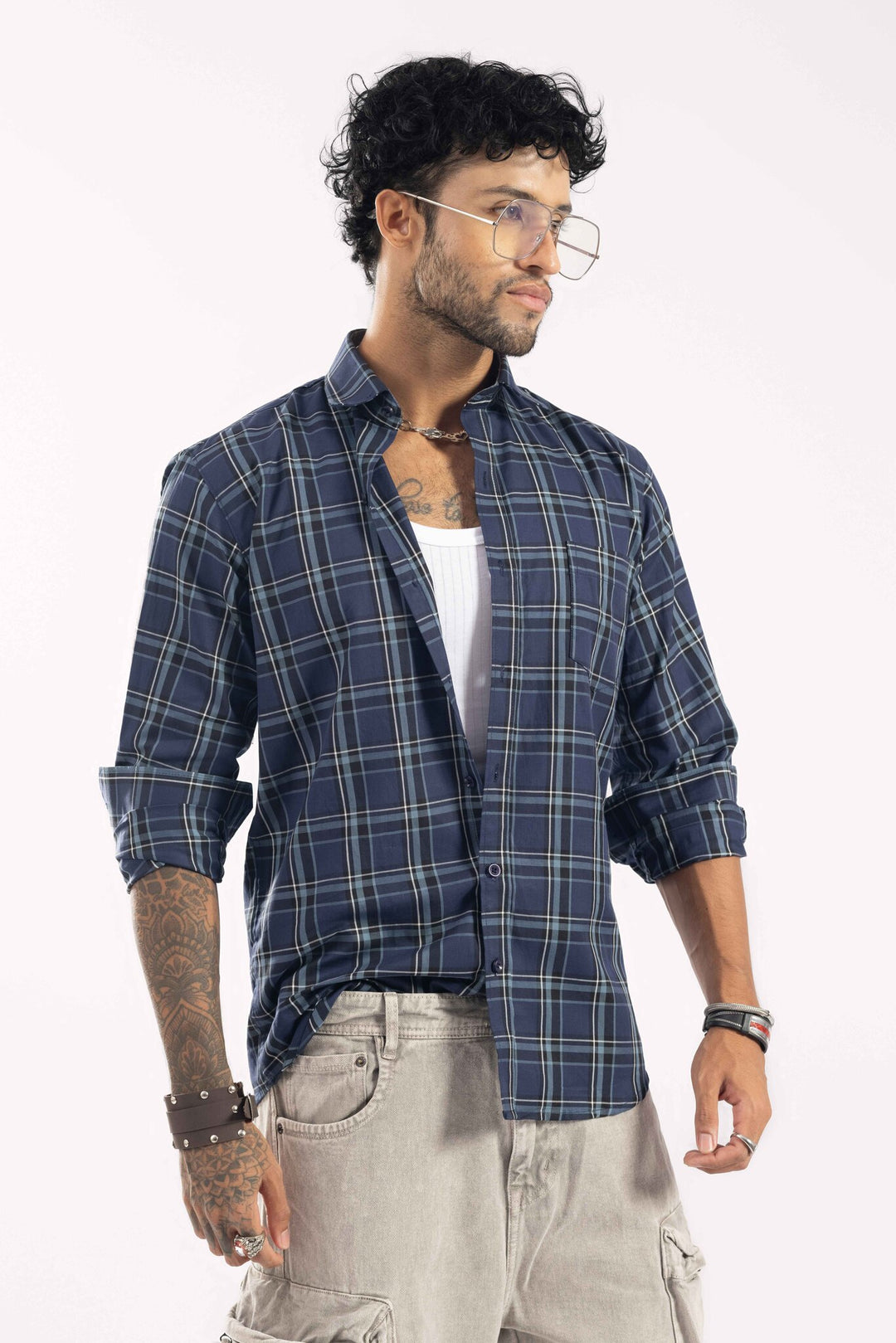 Navy-Color Plaid Checked Casual Shirt