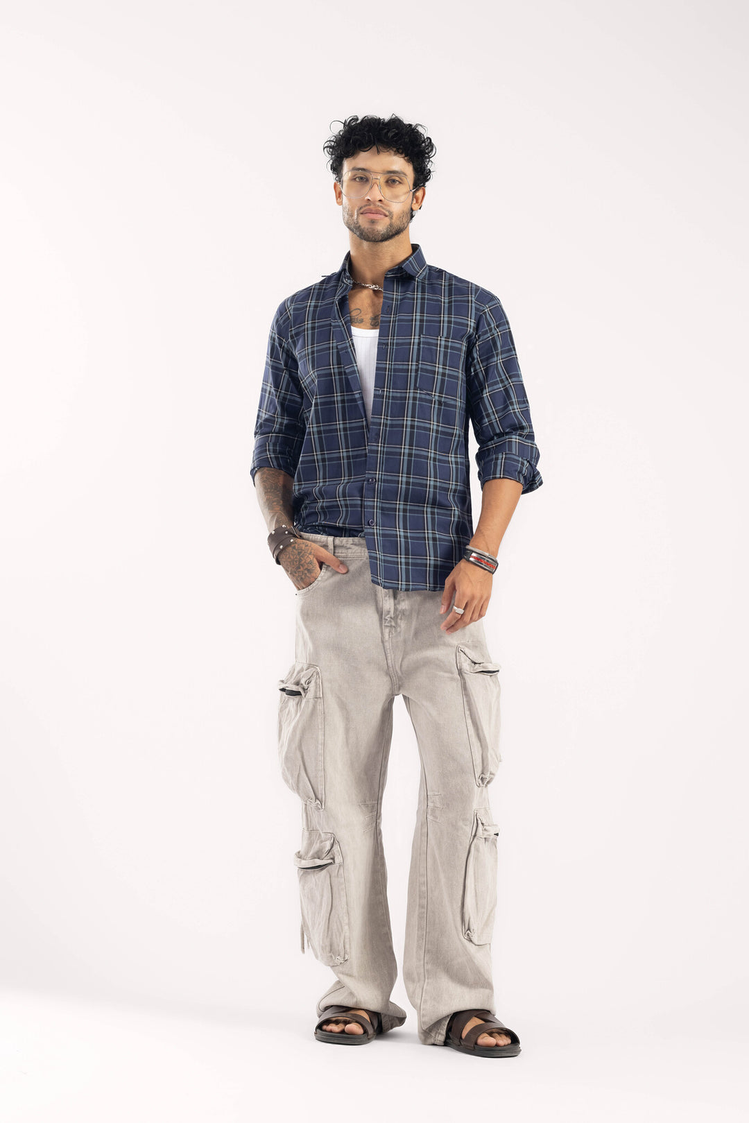 Navy-Color Plaid Checked Casual Shirt