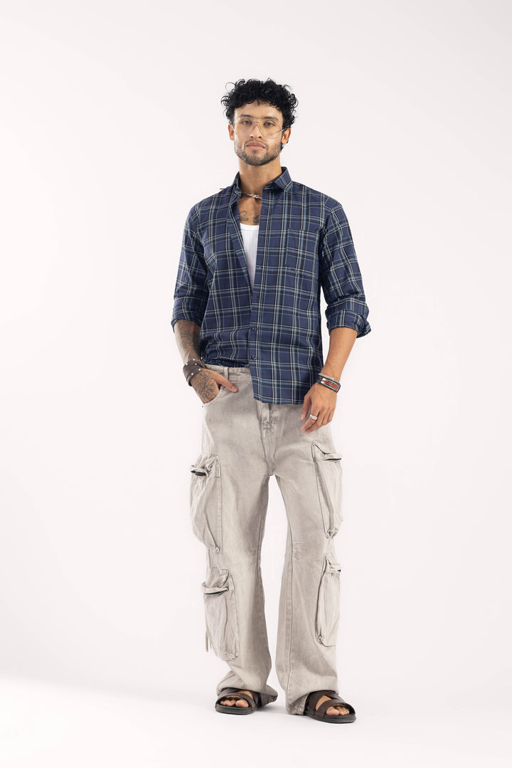Navy-Color Plaid Checked Casual Shirt