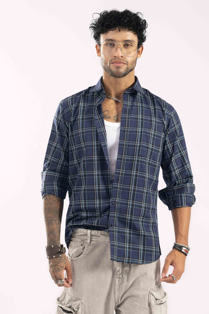 Navy-Color Plaid Checked Casual Shirt